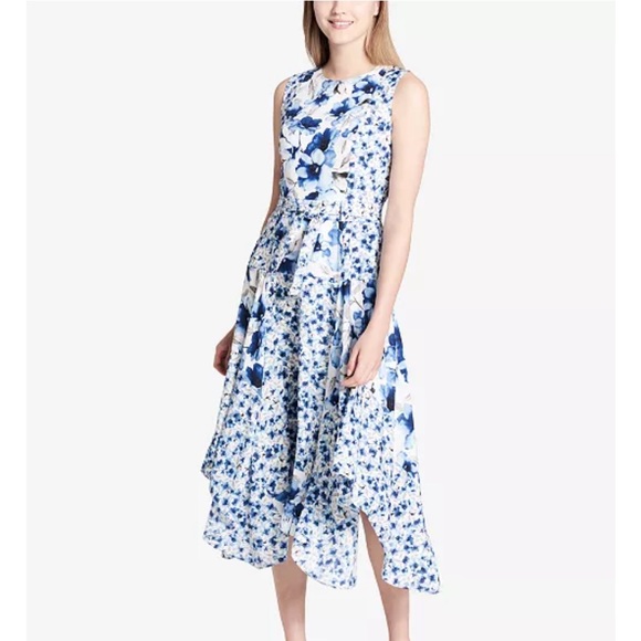 NWT Blue Floral Belted Calvin Klein dress with carwash hem skirt Size 8 $140